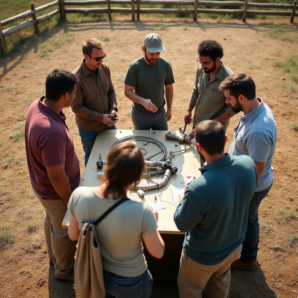 Grupo de personas en una finca aprendiendo sobre construcción de biodigestores al aire libre